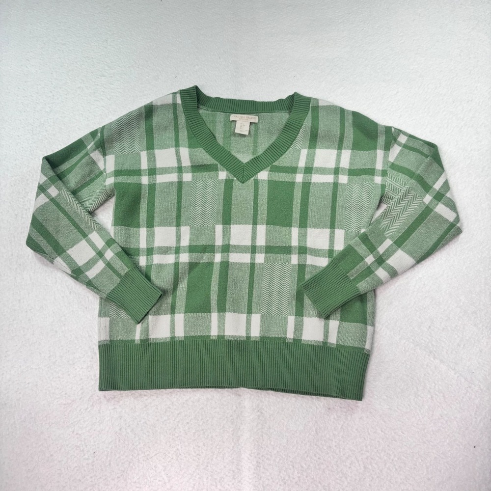 Christian Siriano Green Plaid V Neck Knit Sweater Women Small Preppy Cottagecore